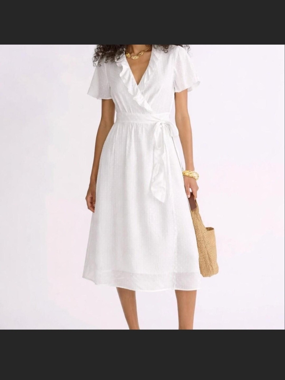 J. Crew White Vintage Fontana Swift Wrap Midi Dress with Ruffle V-Neck